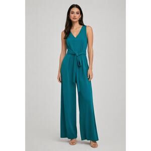 Calvin Klein NWOT CK Teal Green V-Neck Sleeveless Belted Wide Leg Jumpsuit